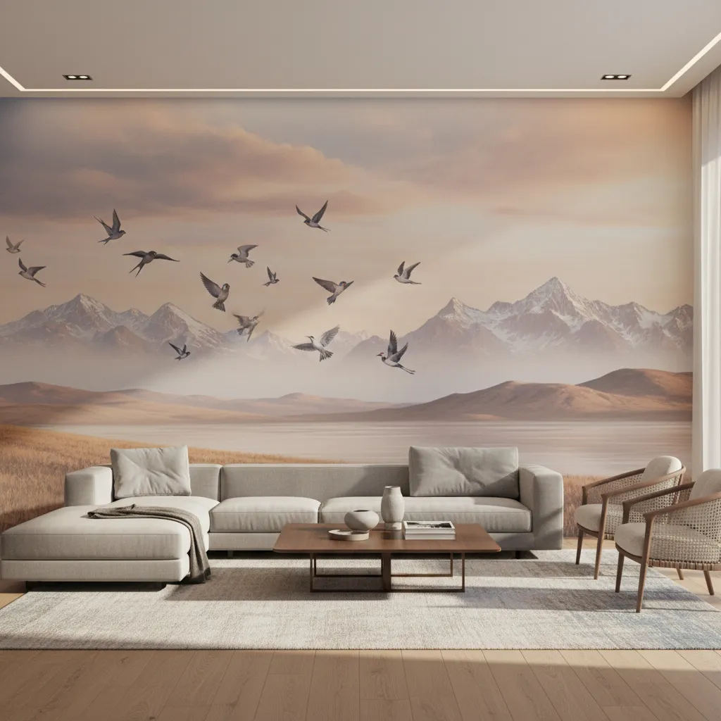 Nature inspired peace wall mural with birds flying over a calm landscape