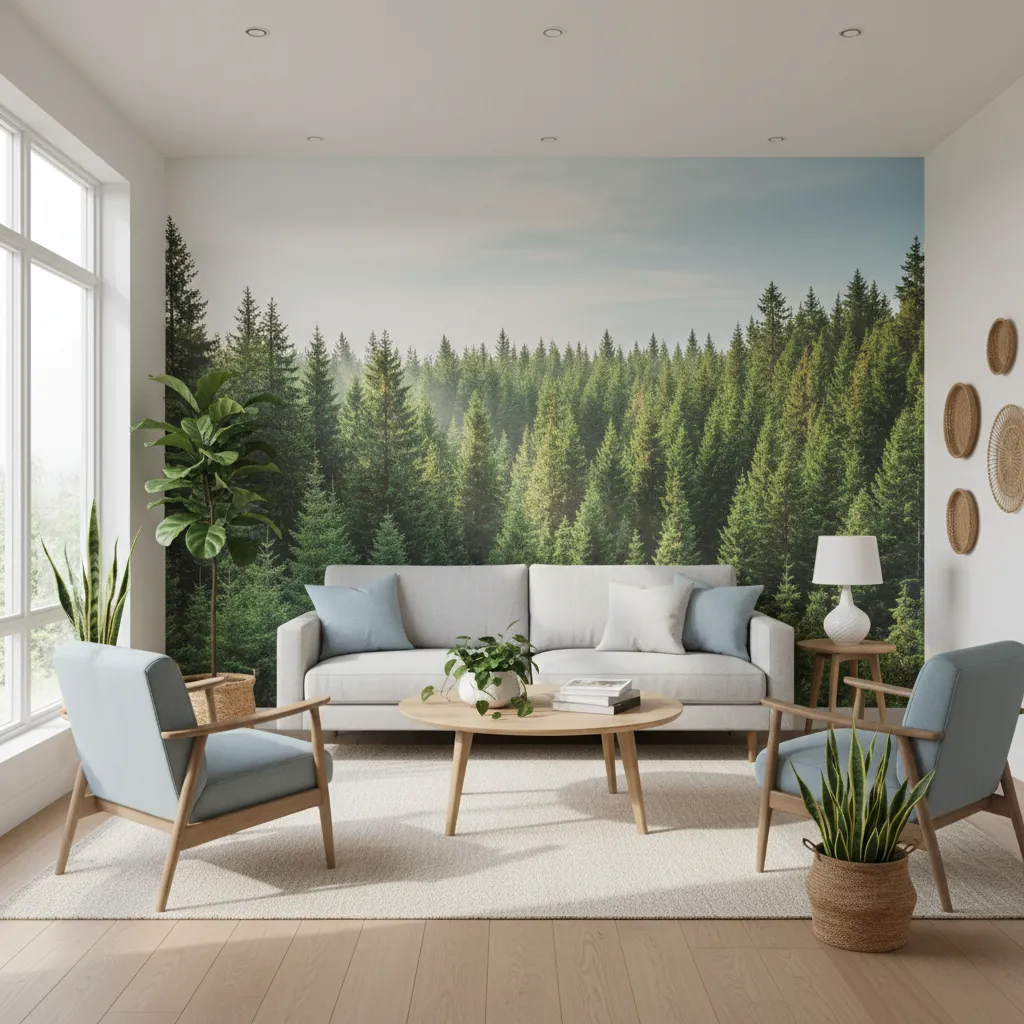 Living room with large forest landscape wall mural behind sofa