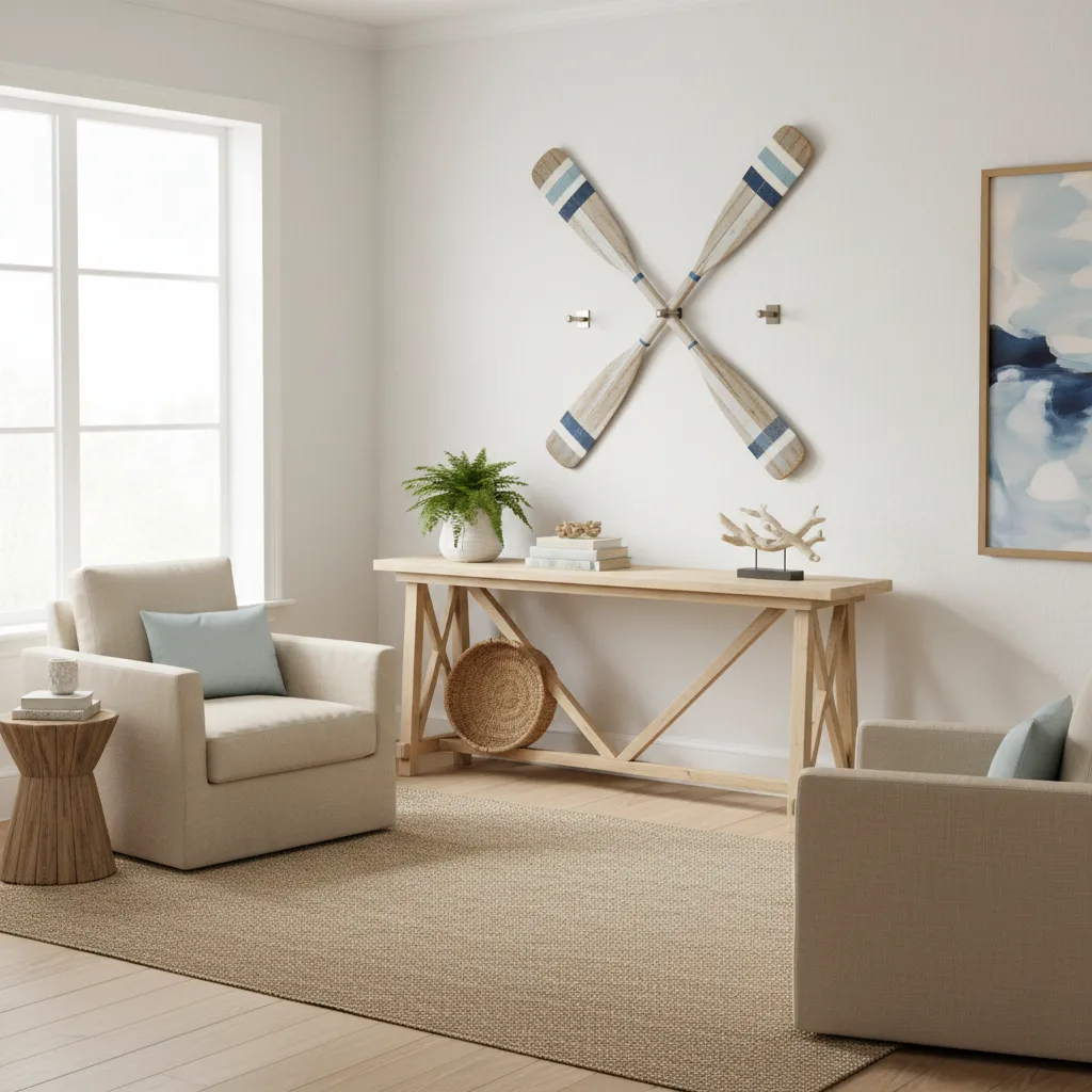 Wall layout showing decorative oars used in a narrow living room design