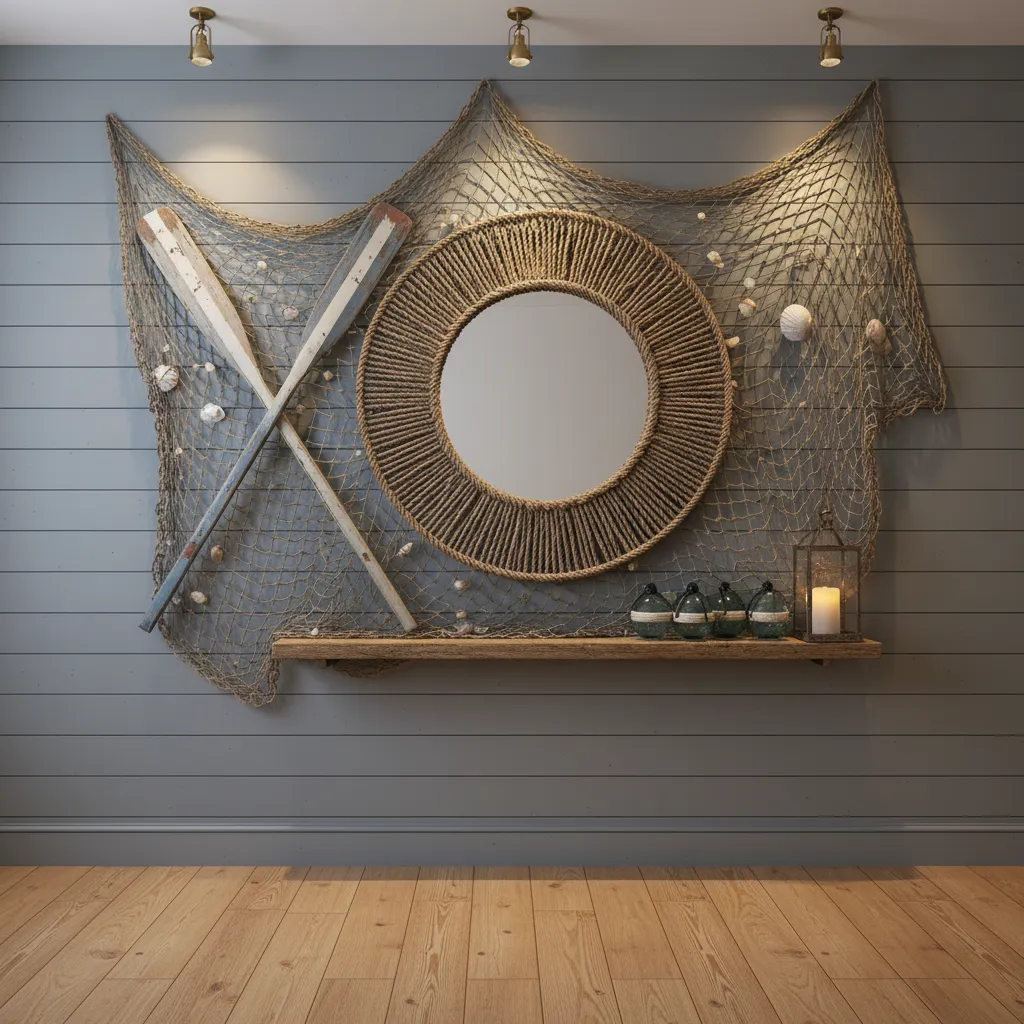 Decorative oars combined with rope mirrors and fishing nets on a nautical restaurant wall