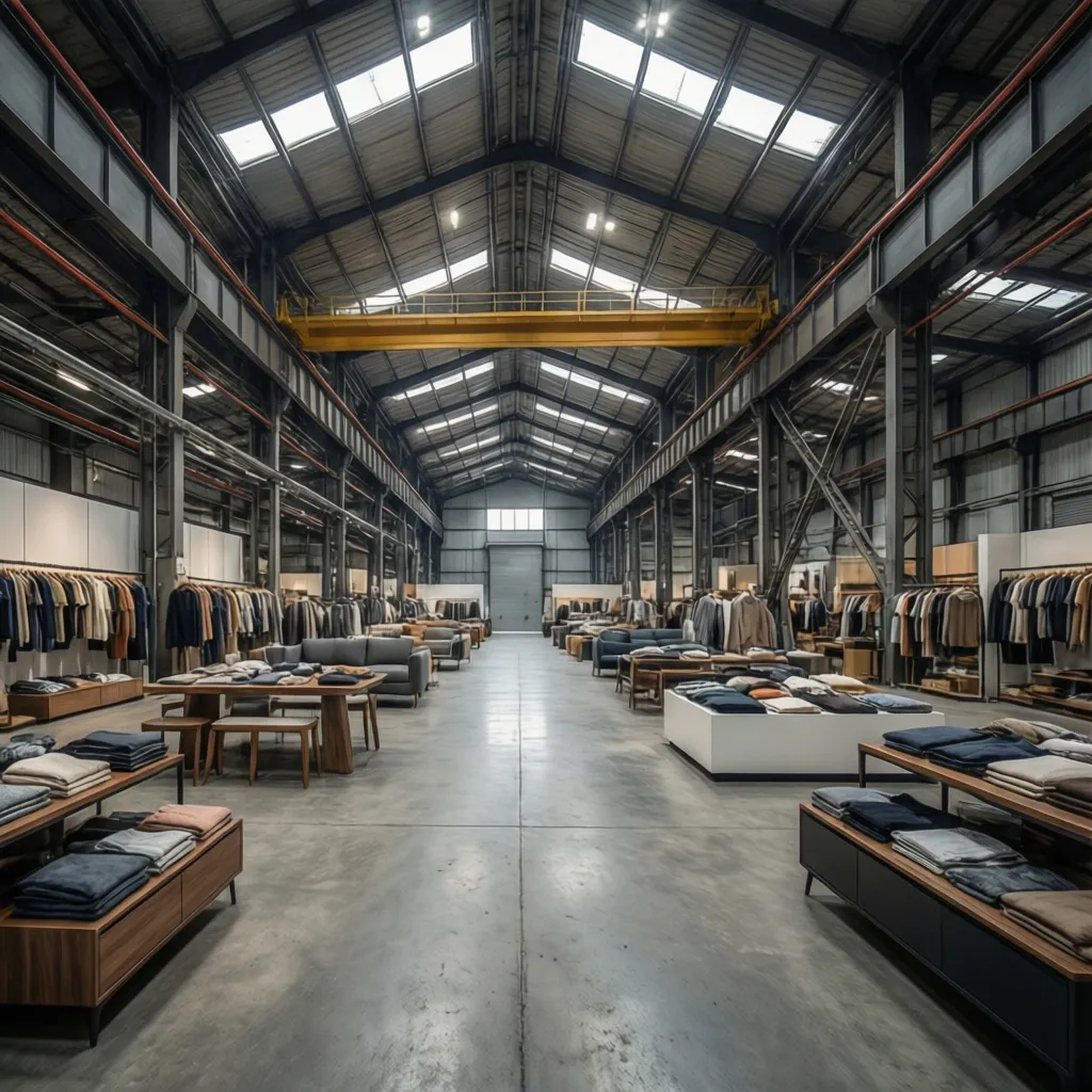Gran nave industrial adaptada como tienda con espacios amplios y exposición de productos