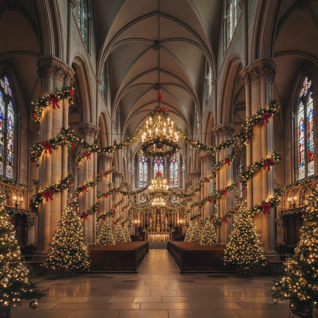 Nave central de iglesia con guirnaldas y luces navideñas