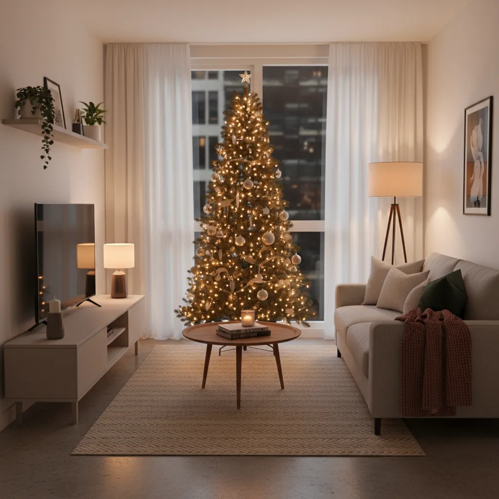 Decoración navideña en un apartamento pequeño con árbol delgado