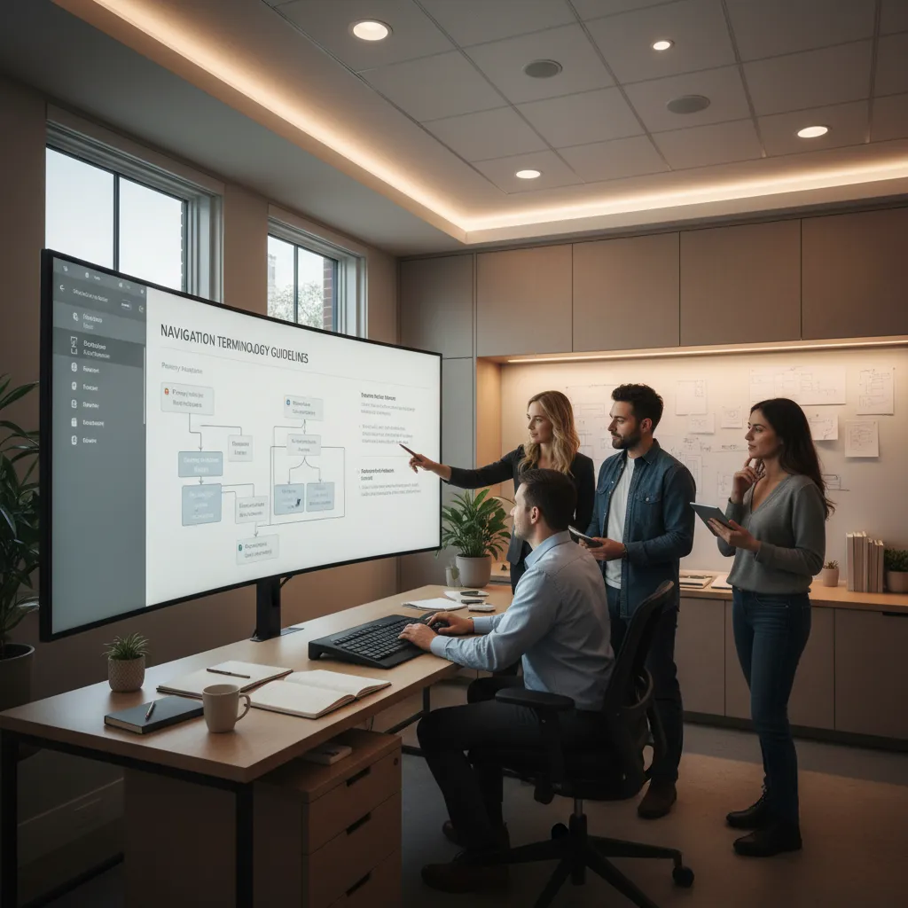 Design team reviewing navigation terminology guidelines within a product design system