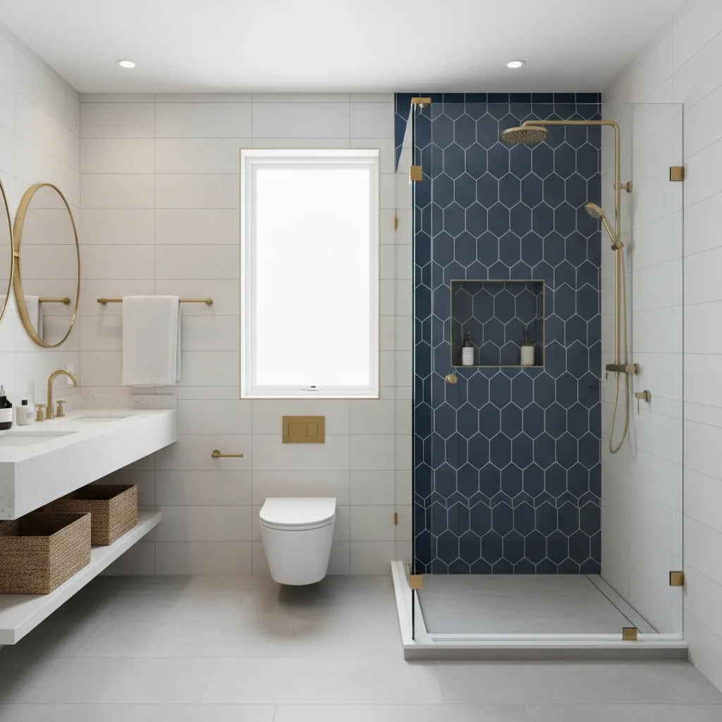 bathroom with navy blue accent tile wall behind shower