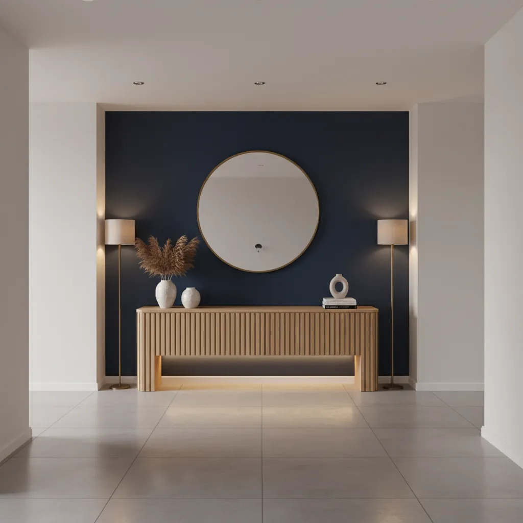 Entryway with navy blue accent wall and wooden console table