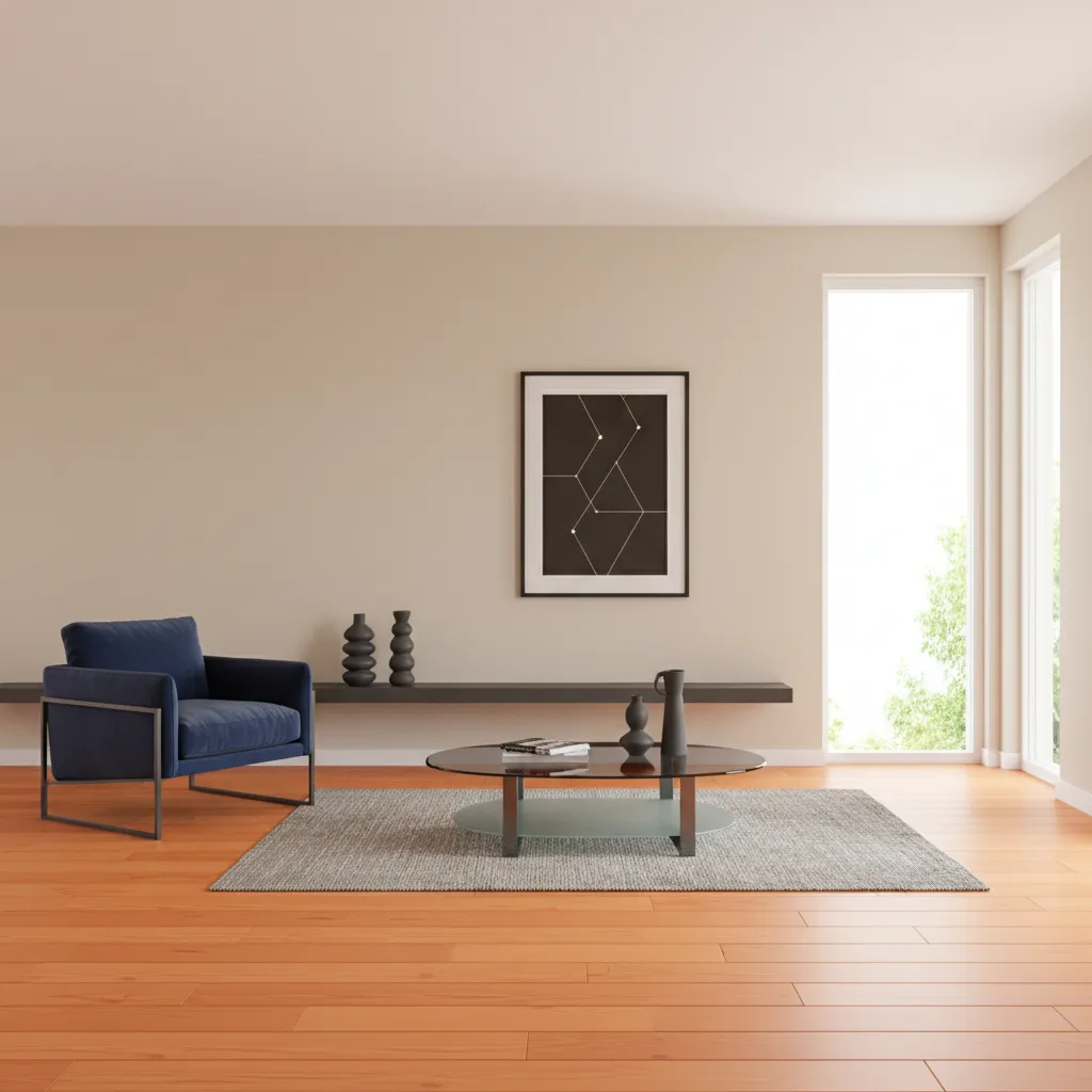 living room with navy accents balancing orange wood flooring