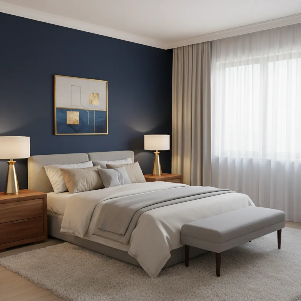 Bedroom with navy accent wall and warm wood furniture