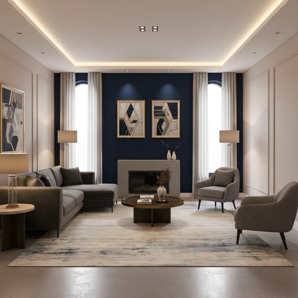 Elegant drawing room with navy accent wall and light taupe surrounding walls