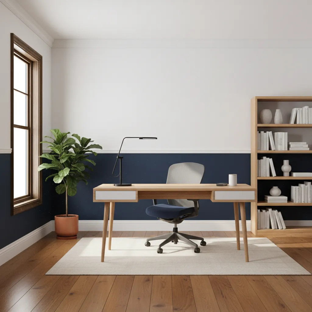 Home office with navy lower wall and white upper wall chair rail design