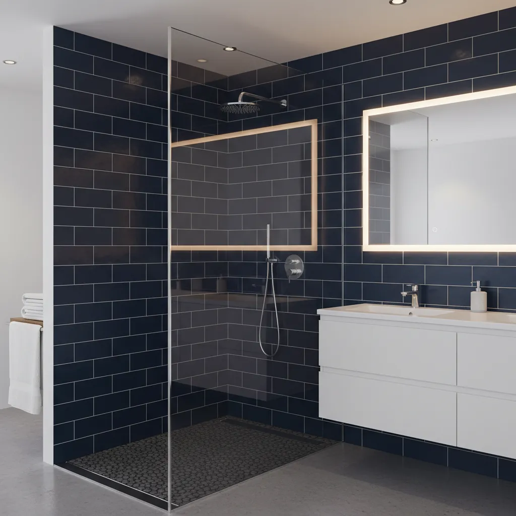 Walk in shower with deep navy tiles and glass partition