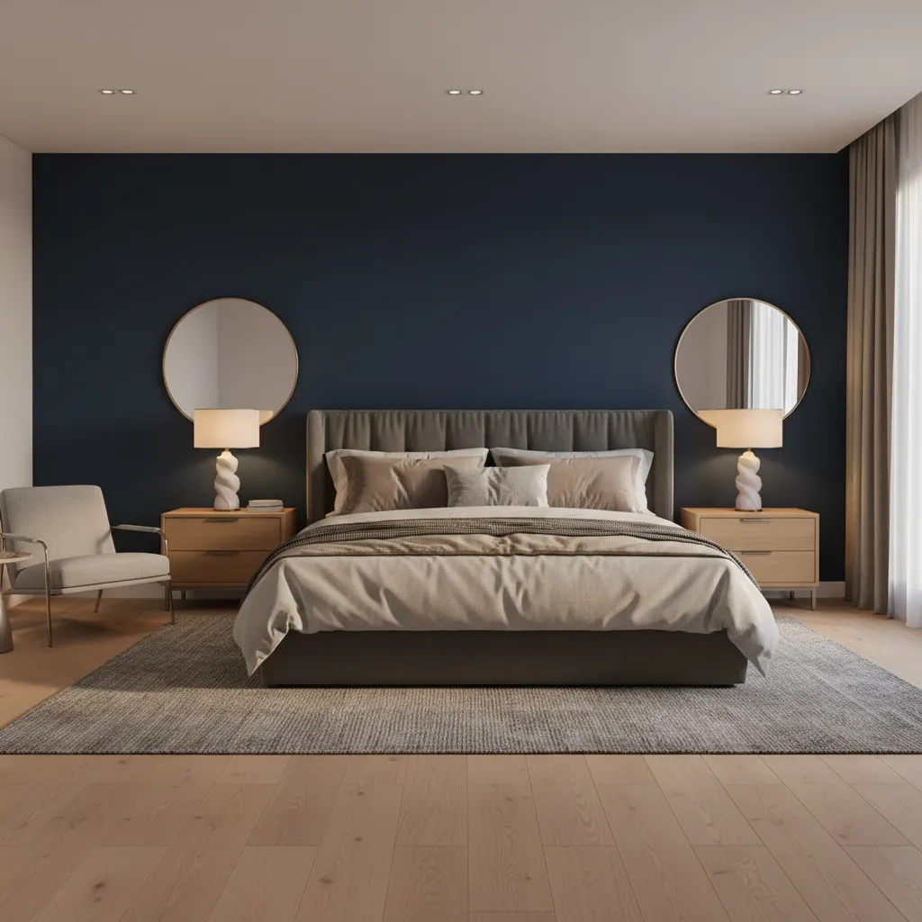 Bedroom interior showing rich navy blue wall color with neutral decor