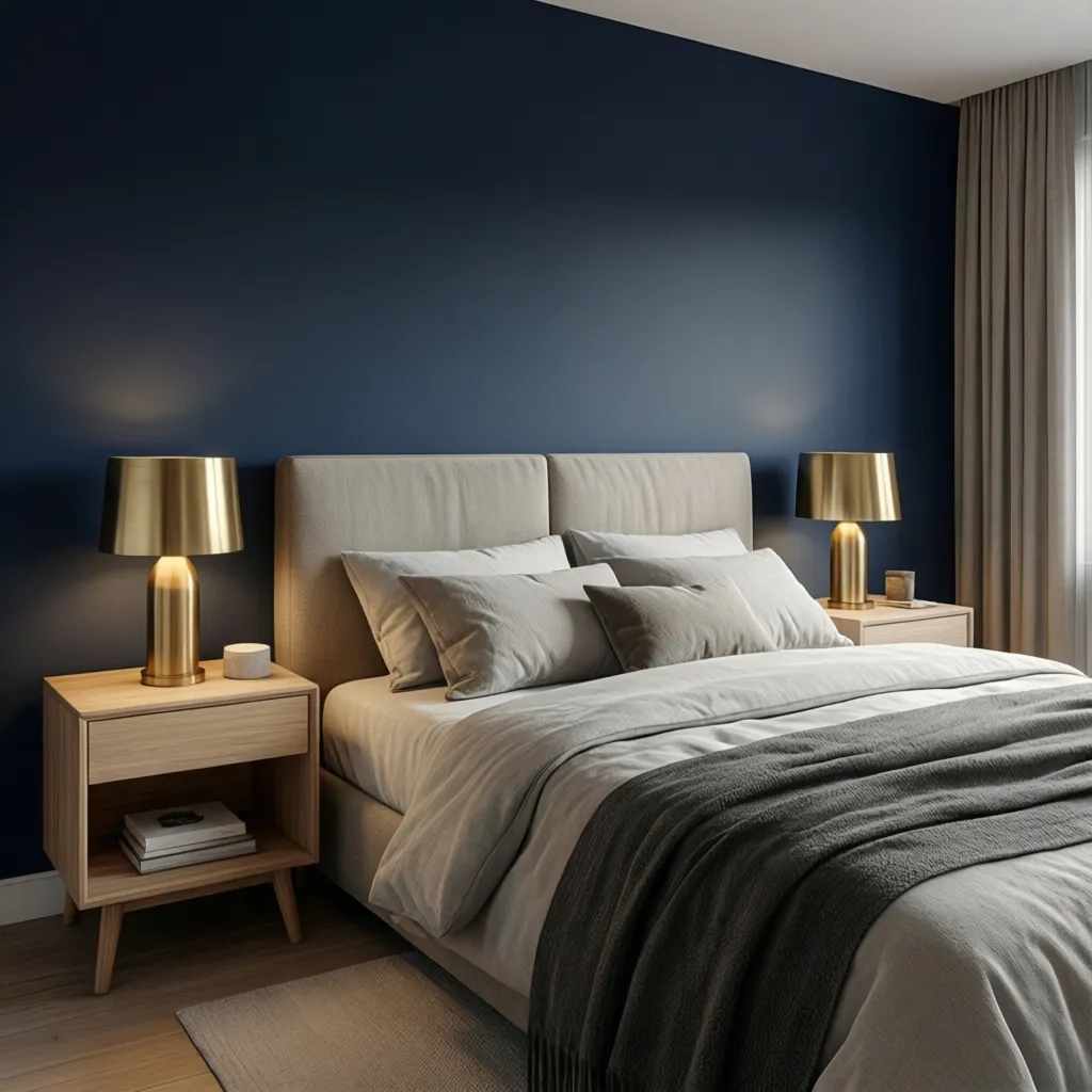 Furniture pairing with navy walls including gold lamps and neutral headboard