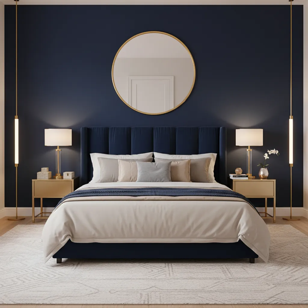 Navy bedroom with carefully balanced gold accents in lamps and mirror