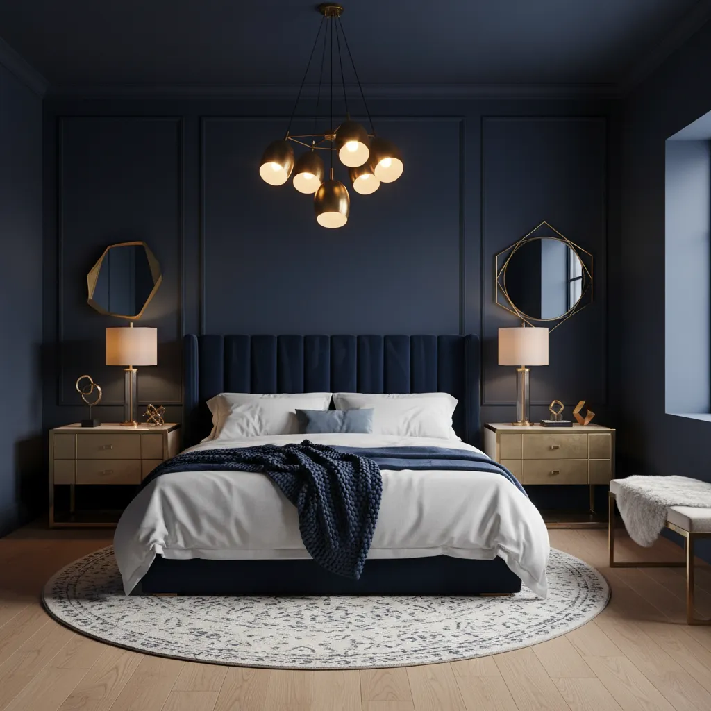 Navy blue bedroom with gold lighting and decorative accents