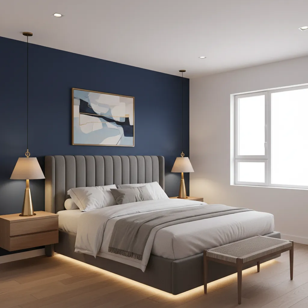 Modern bedroom with navy accent wall and gold lamps styled like a luxury hotel