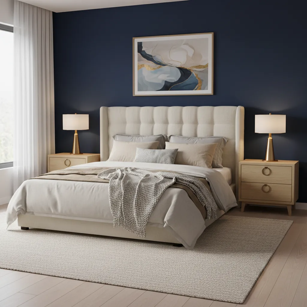 Navy wall bedroom with cream headboard and light wood furniture