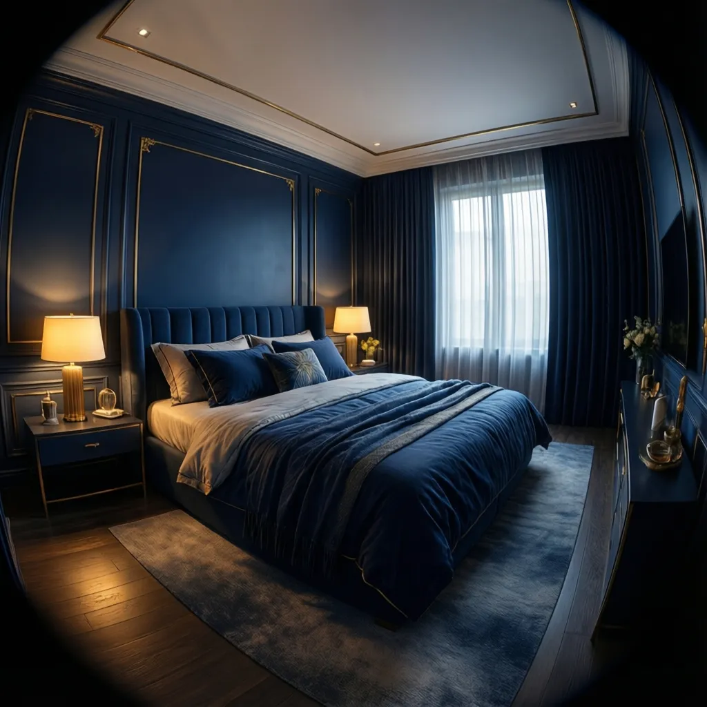 Navy blue bedroom with gold decor and balanced ambient lighting