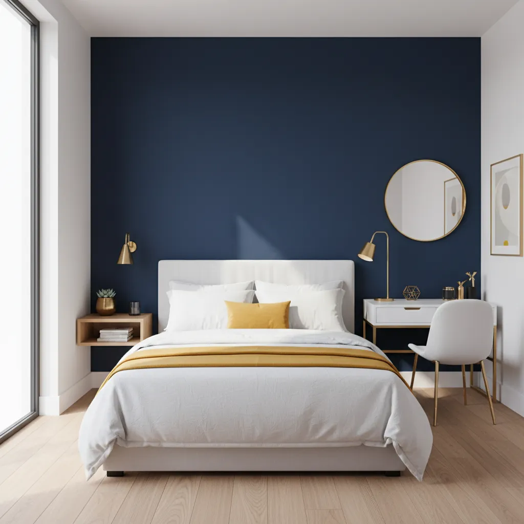 Small bedroom layout with navy accent wall and minimal gold decor