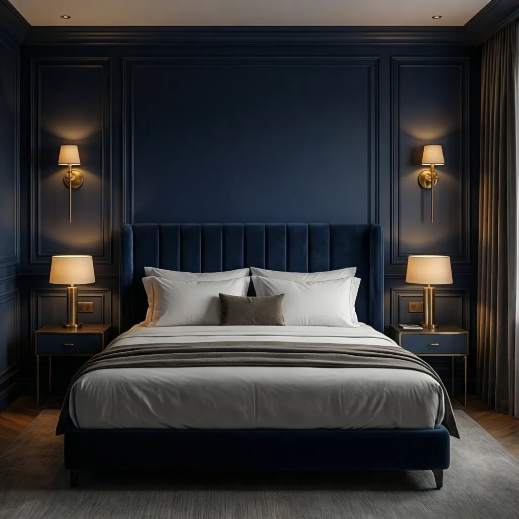 Symmetrical luxury hotel bedroom layout with navy walls and brass lighting