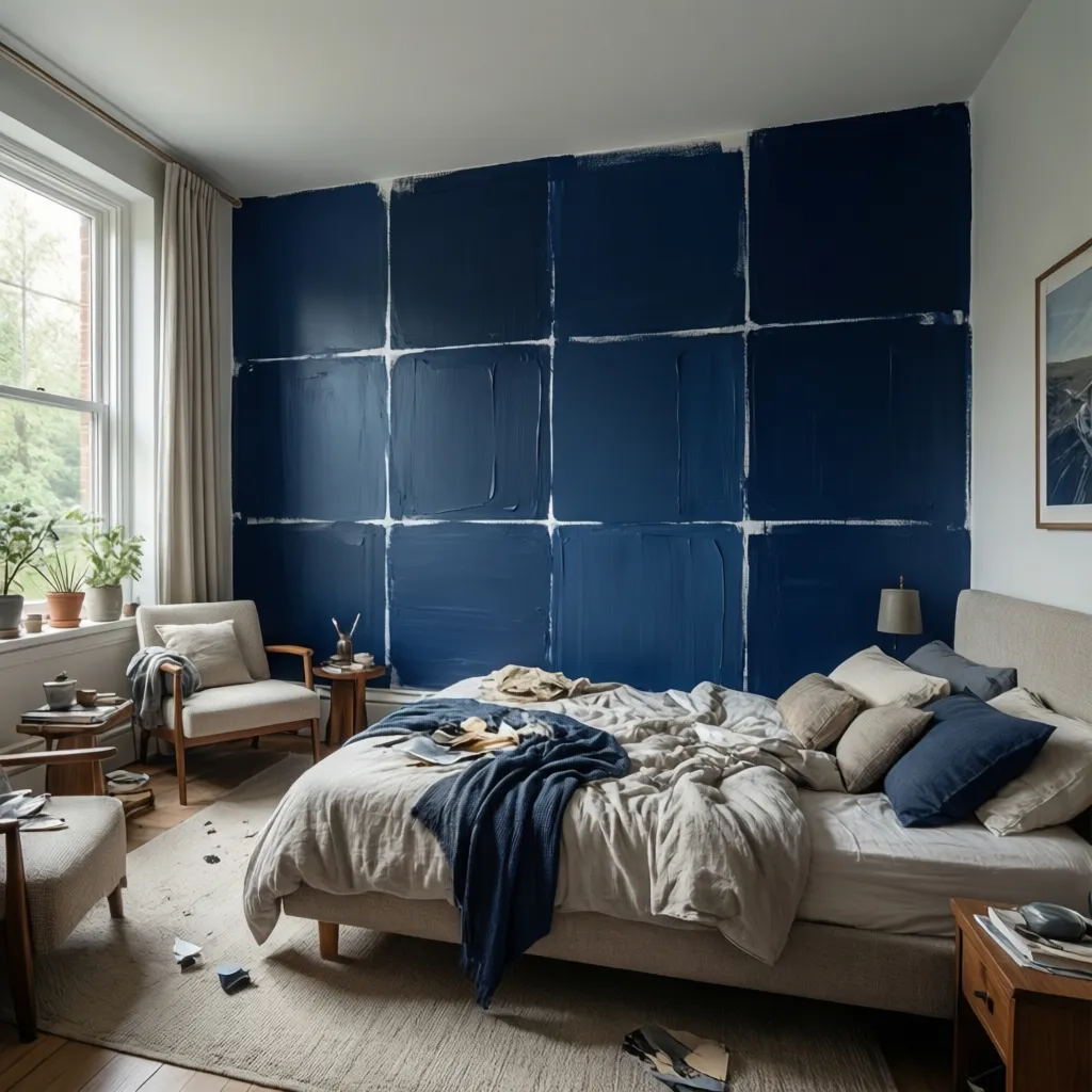 Paint sample patches of navy blue on bedroom wall for testing