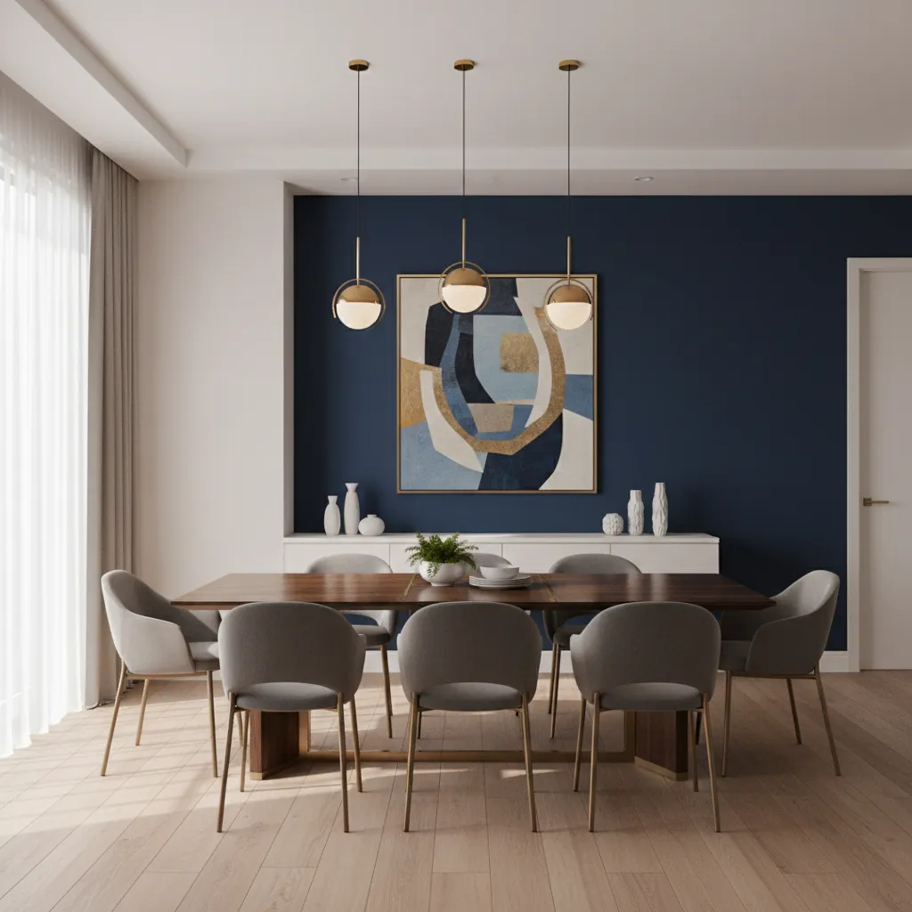 Modern dining room with navy blue accent wall and warm white walls