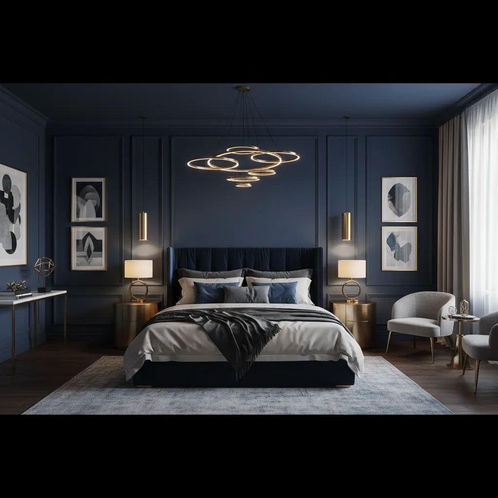 Lighting Optimization for Navy Blue Bedrooms With Gold Decor