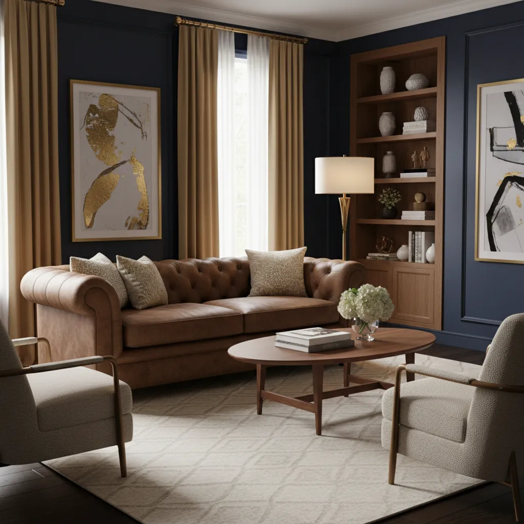 Navy blue wall living room with brown leather sofa and warm lighting