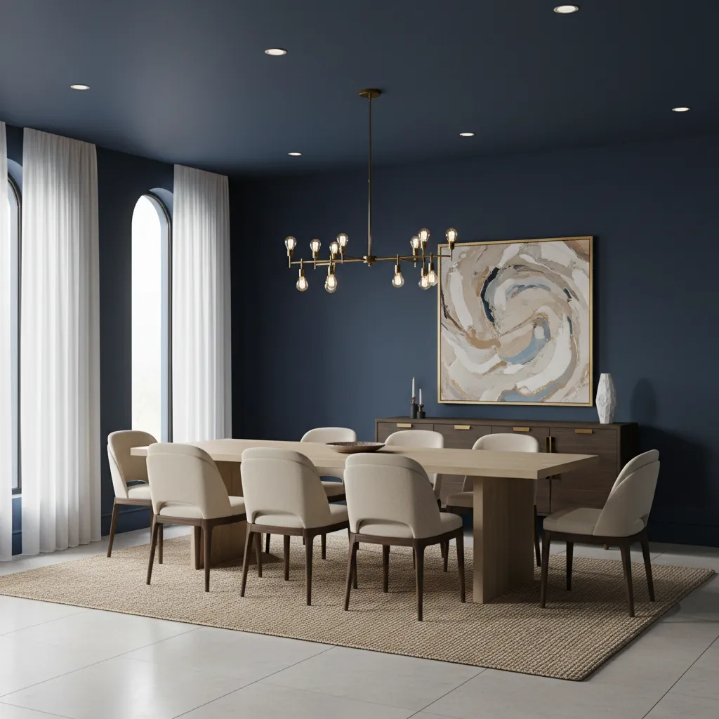 navy blue dining room walls with light wood table and brass lighting