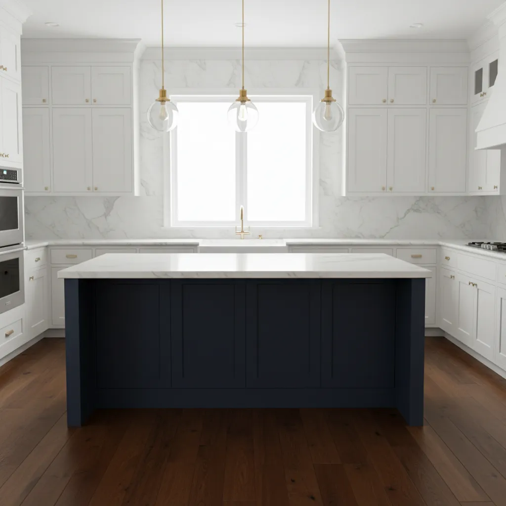 Navy blue kitchen island with white cabinets and marble countertops