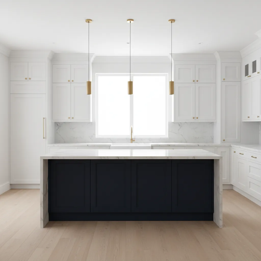 modern kitchen with navy blue island and white cabinetry
