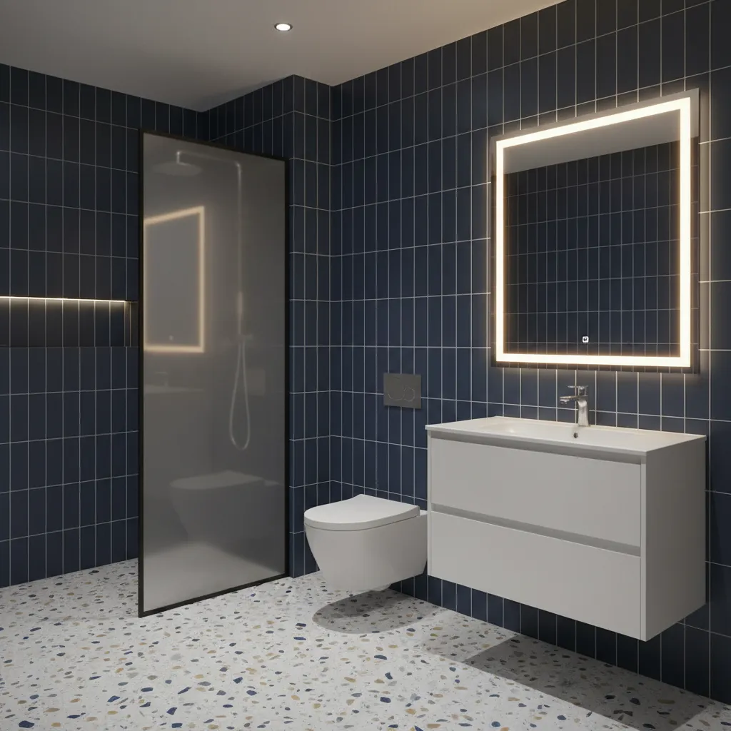 Small bathroom using navy blue tiles with bright lighting and mirror