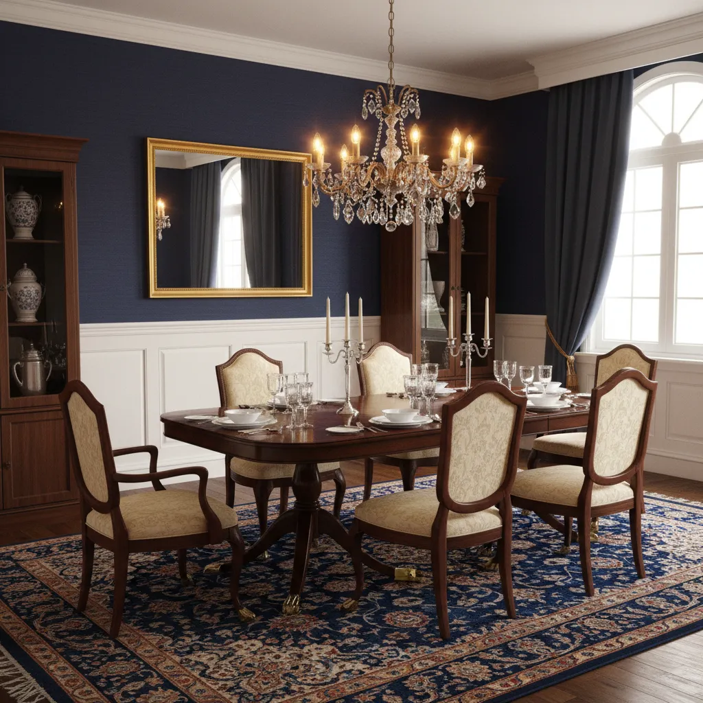 Formal dining room with navy blue walls and Duncan Phyfe mahogany table