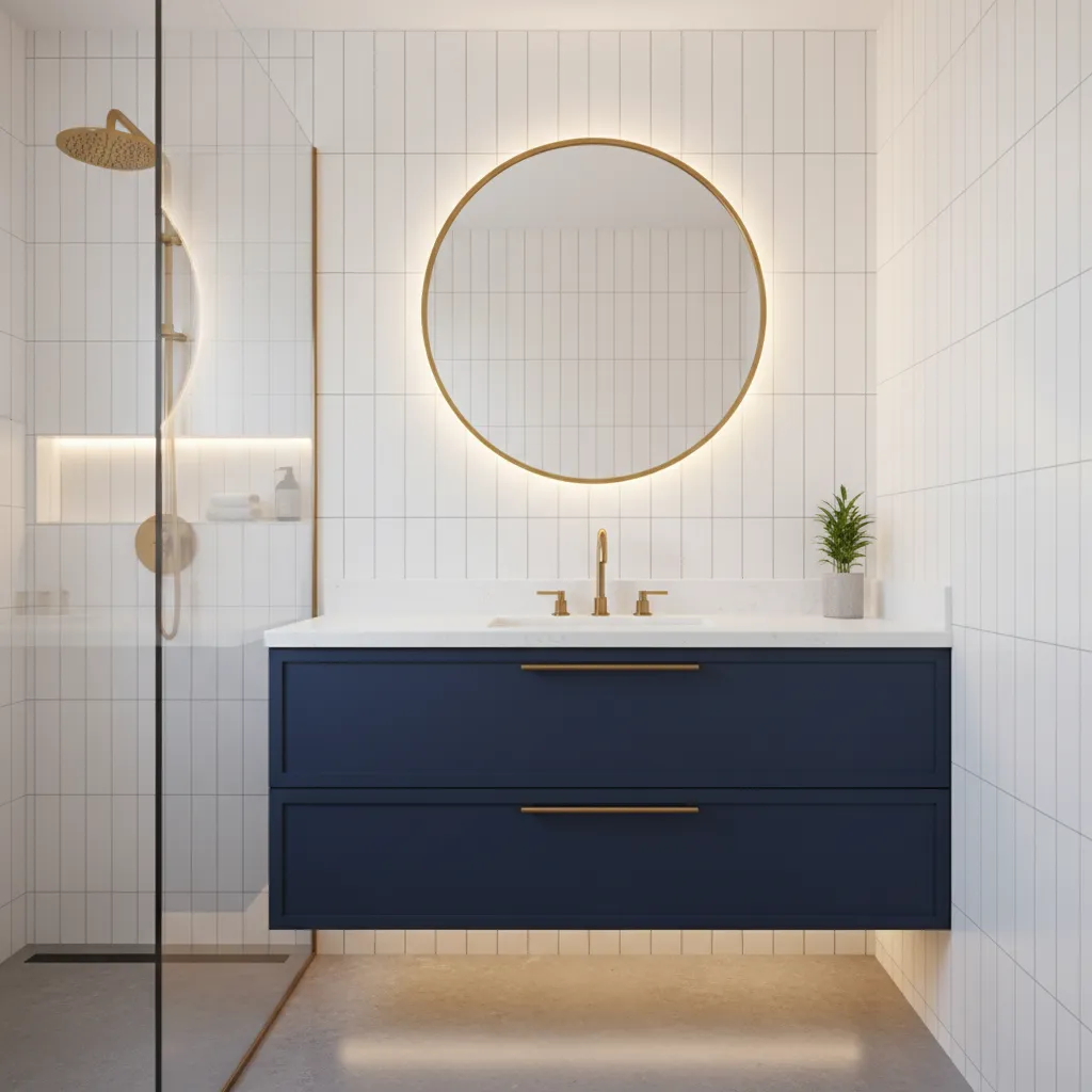 Compact bathroom with navy blue vanity and brass hardware