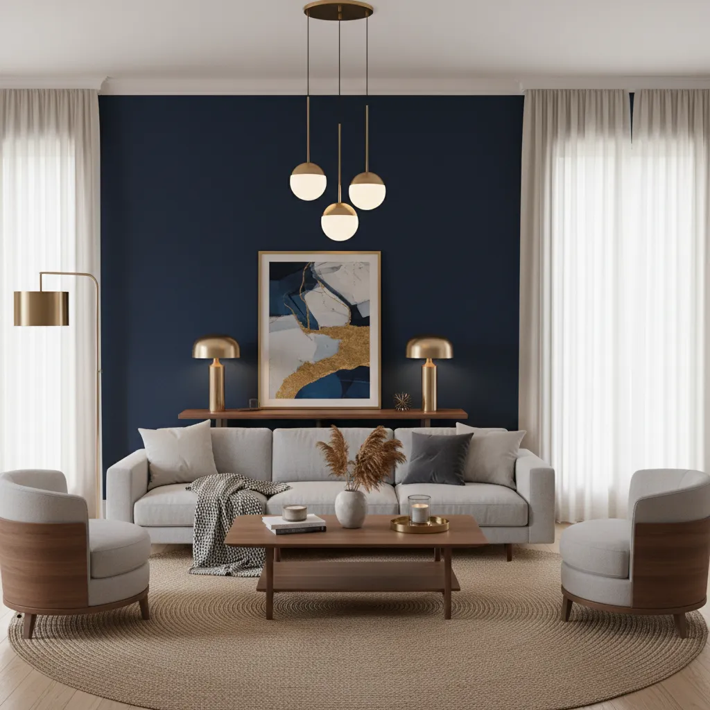 modern living room with navy accent wall and brass lighting fixtures
