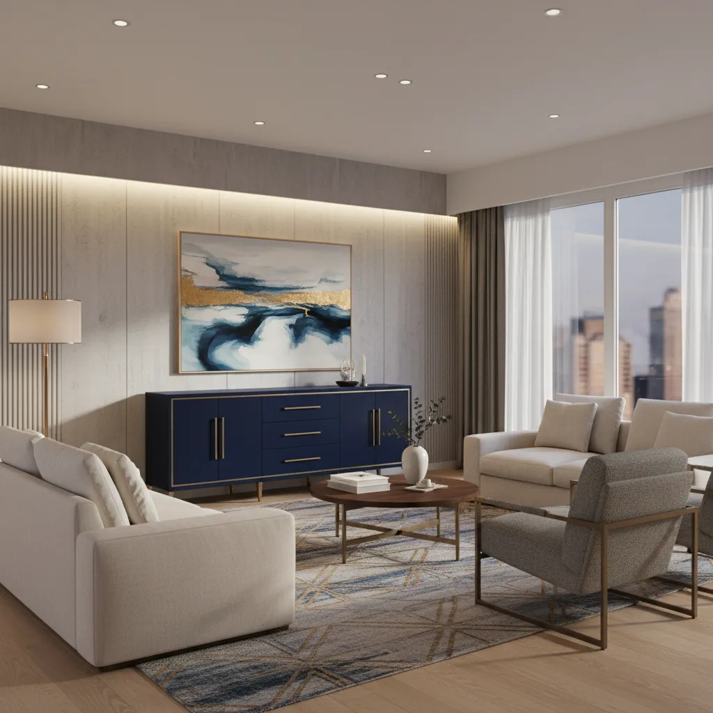 Navy blue sideboard with brass accents demonstrating stylish two tone furniture color combination