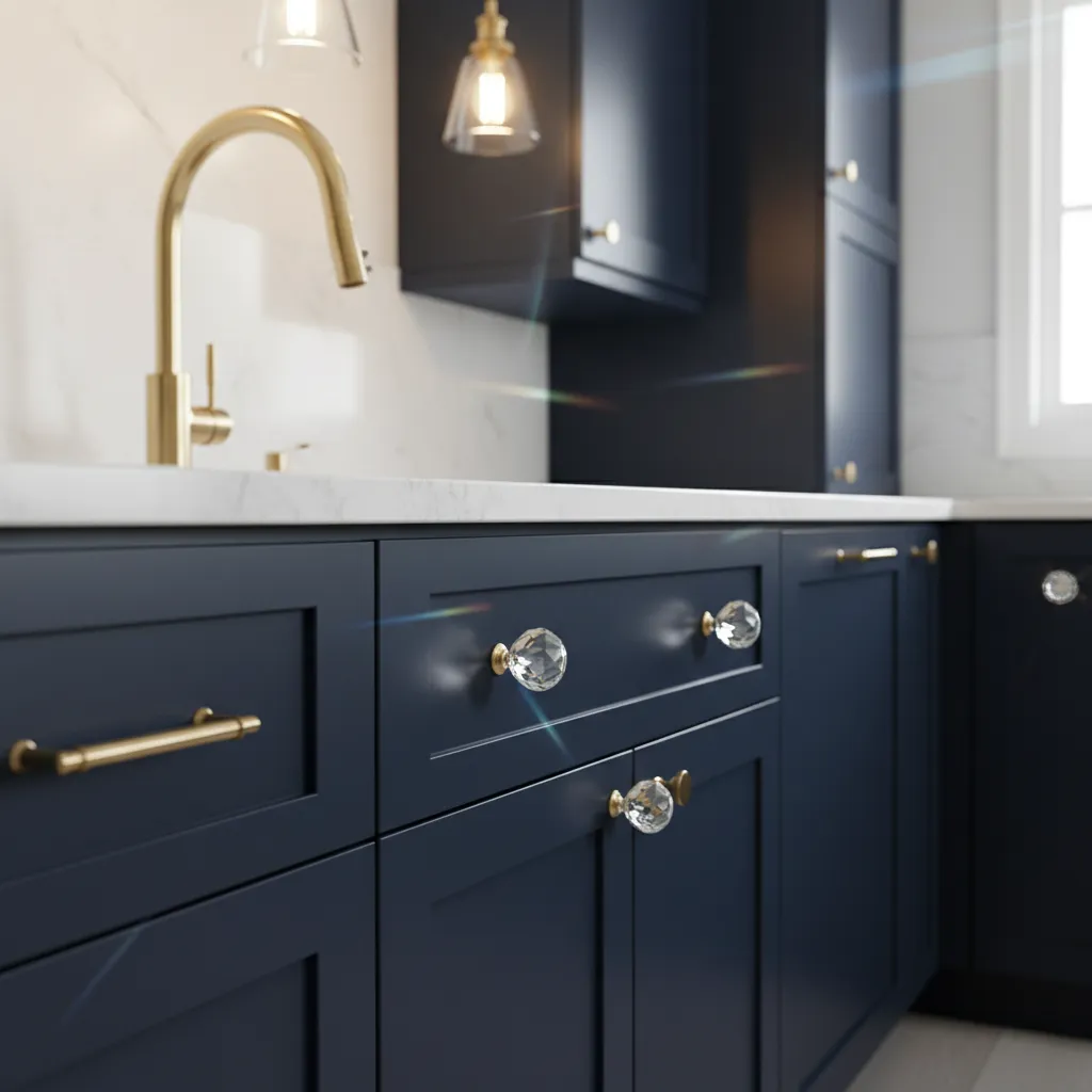 navy blue kitchen cabinets with faceted glass cabinet knobs reflecting light