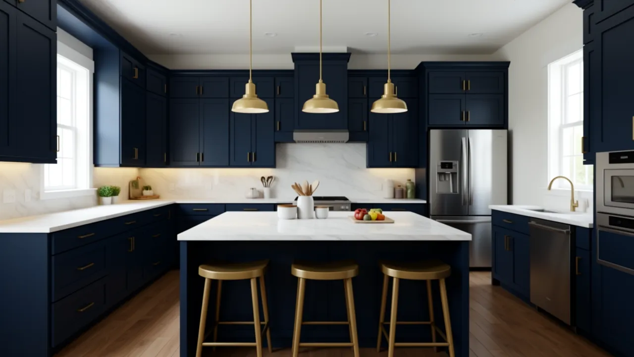 Kitchen with navy cabinets paired with stainless steel appliances and brass hardware