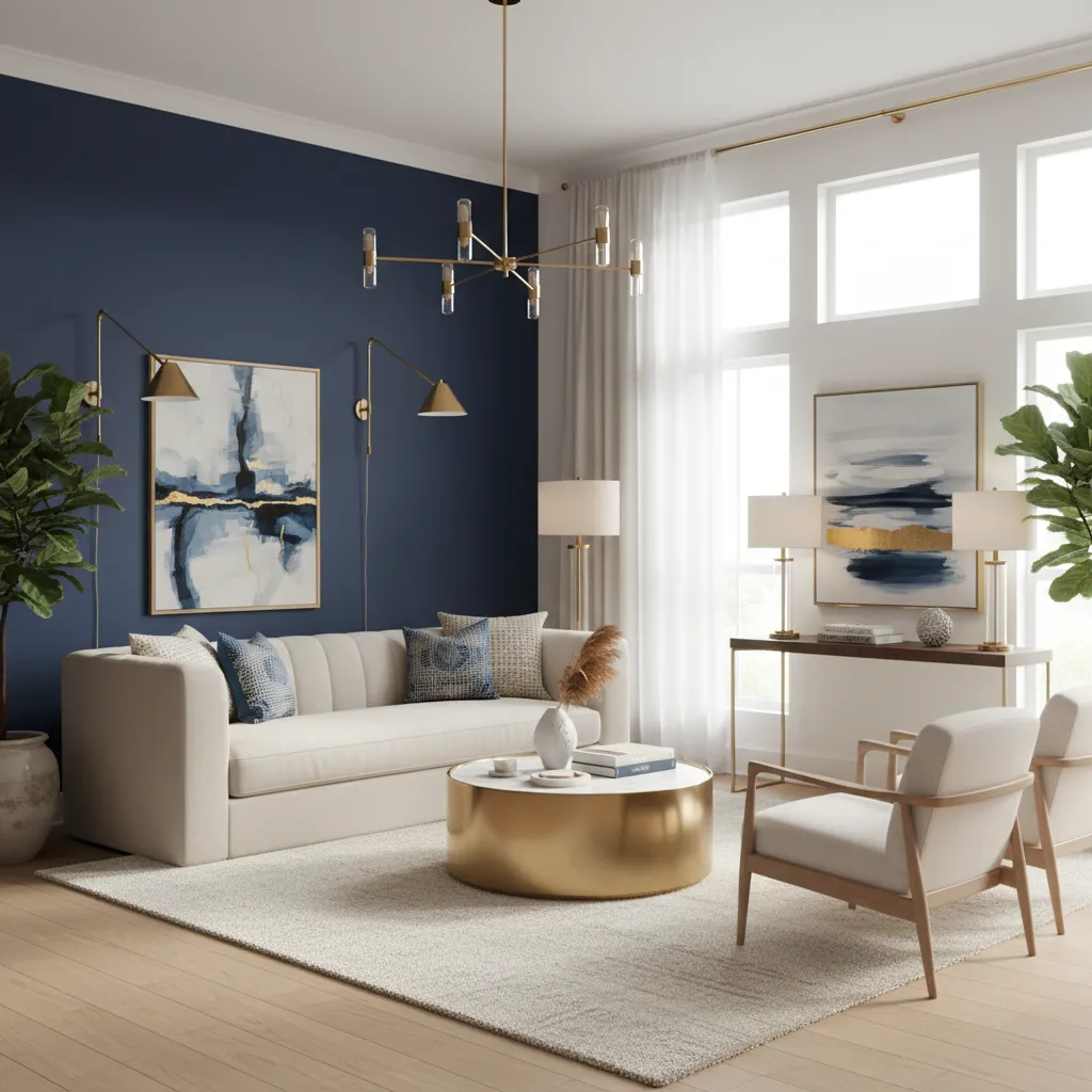 navy blue accent wall living room with cream furniture
