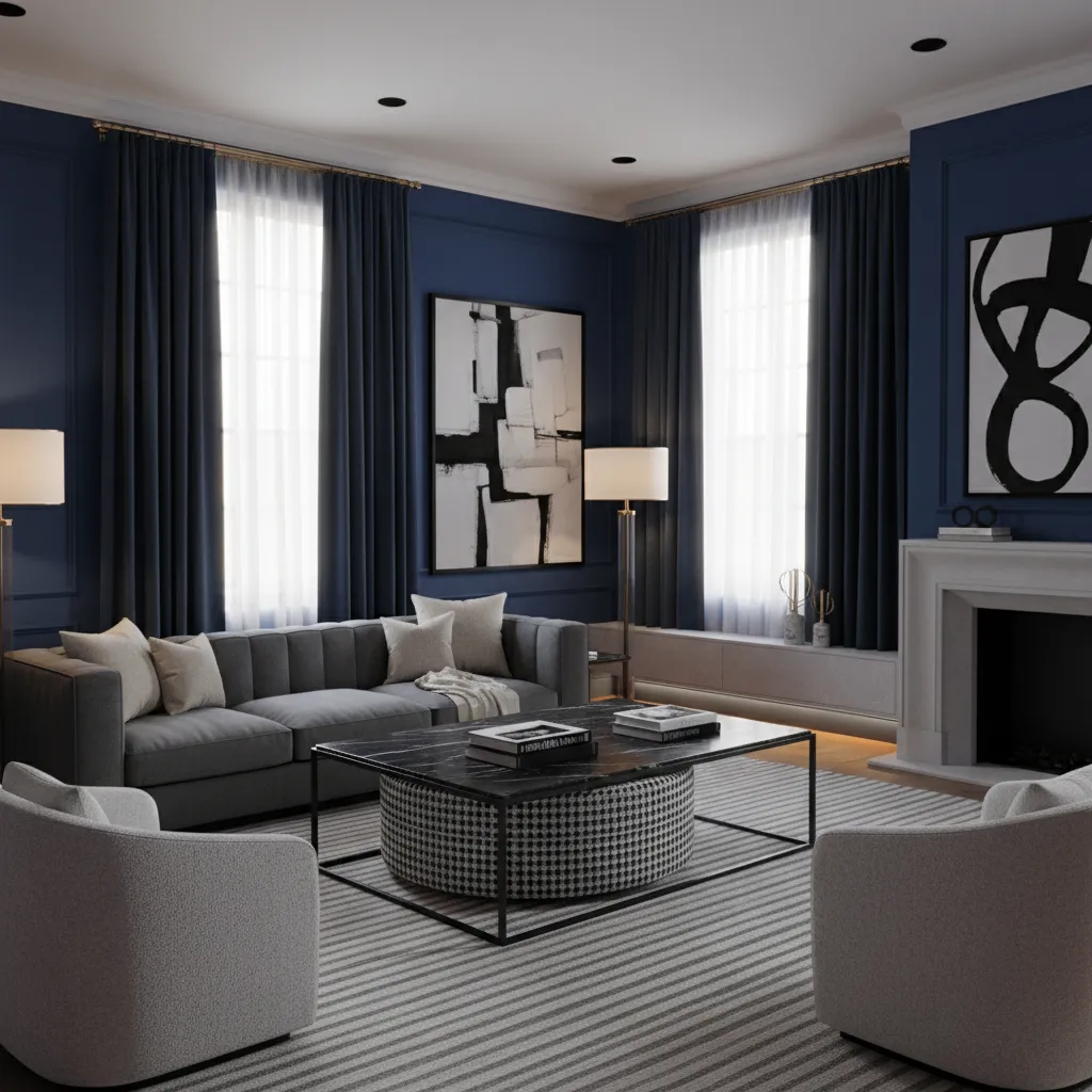 Deep navy curtains layered with blue living room walls