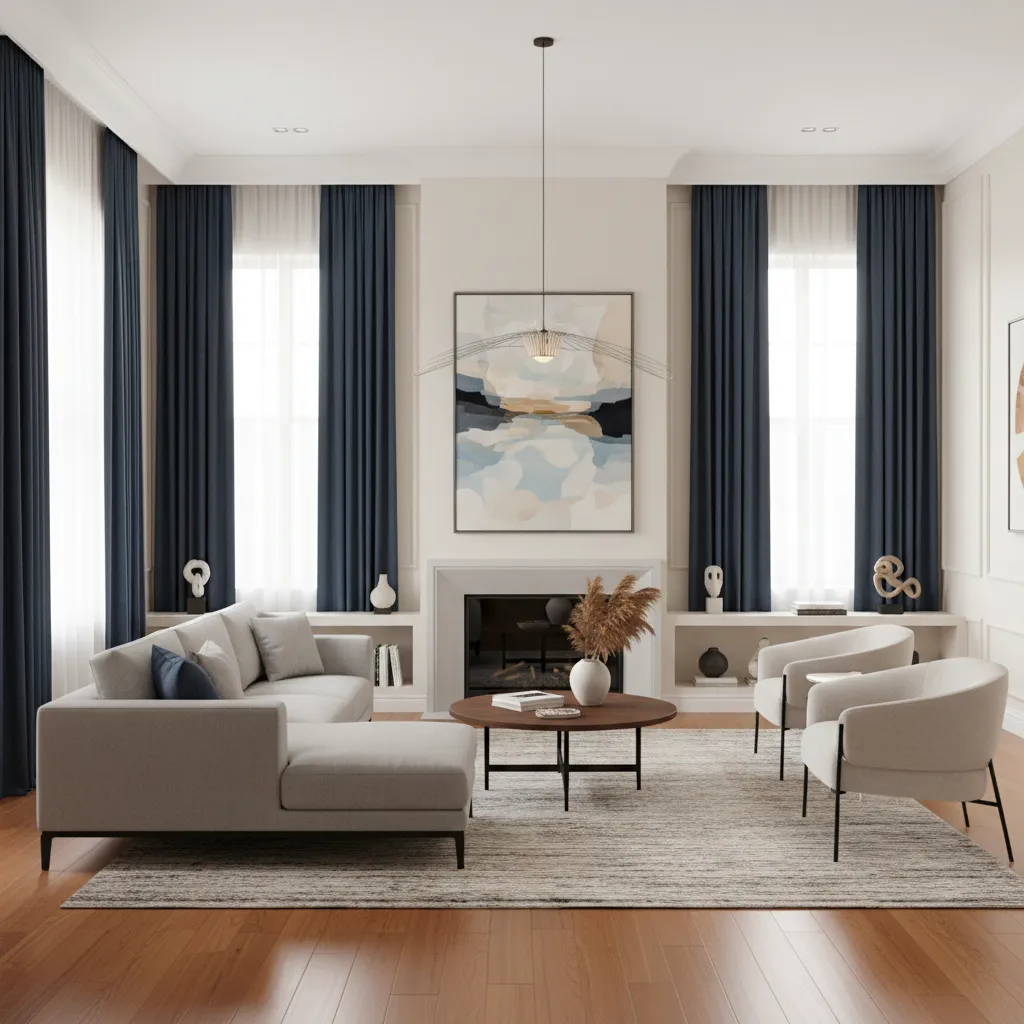 Living room with cream walls and bold navy curtains creating contrast