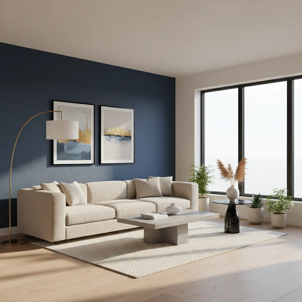 Modern room with dark navy wall balanced by light furniture