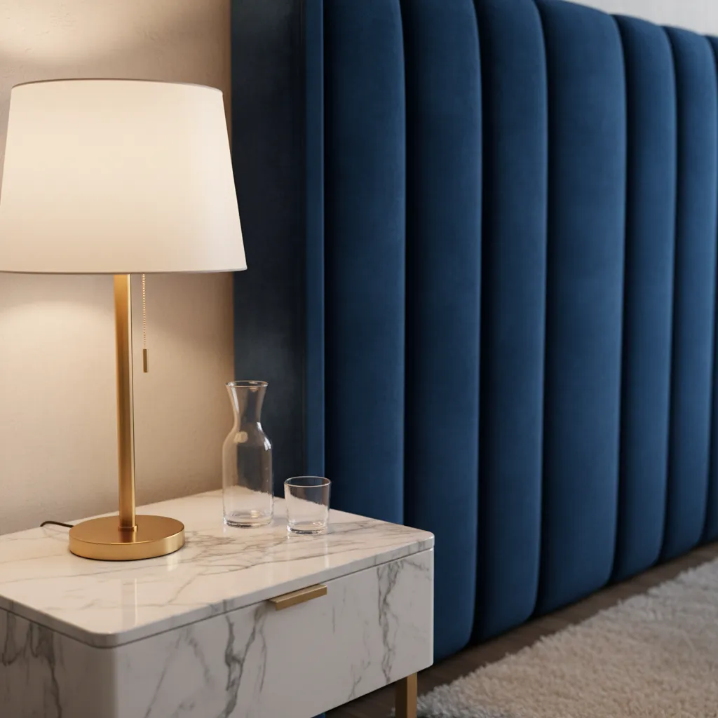 Close-up of navy velvet headboard with brass lamp and marble nightstand