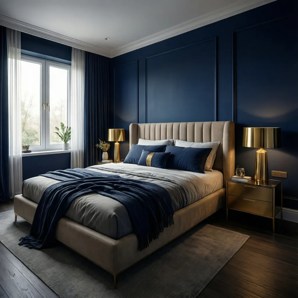 Modern navy and gold bedroom with soft lighting and balanced decor