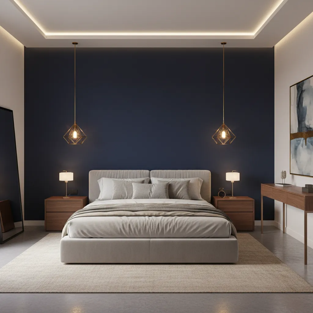 Boutique hotel bedroom with navy accent wall and gold lighting
