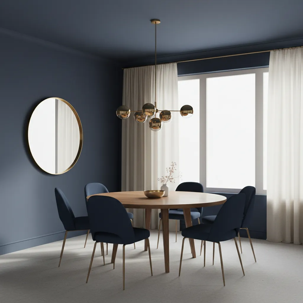 Stylish navy dining room with gold lighting and modern furniture
