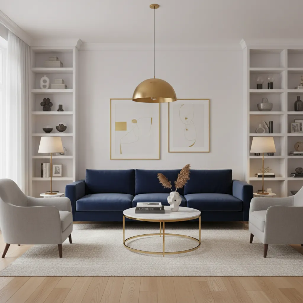 navy blue sofa with gold accents in luxury living room