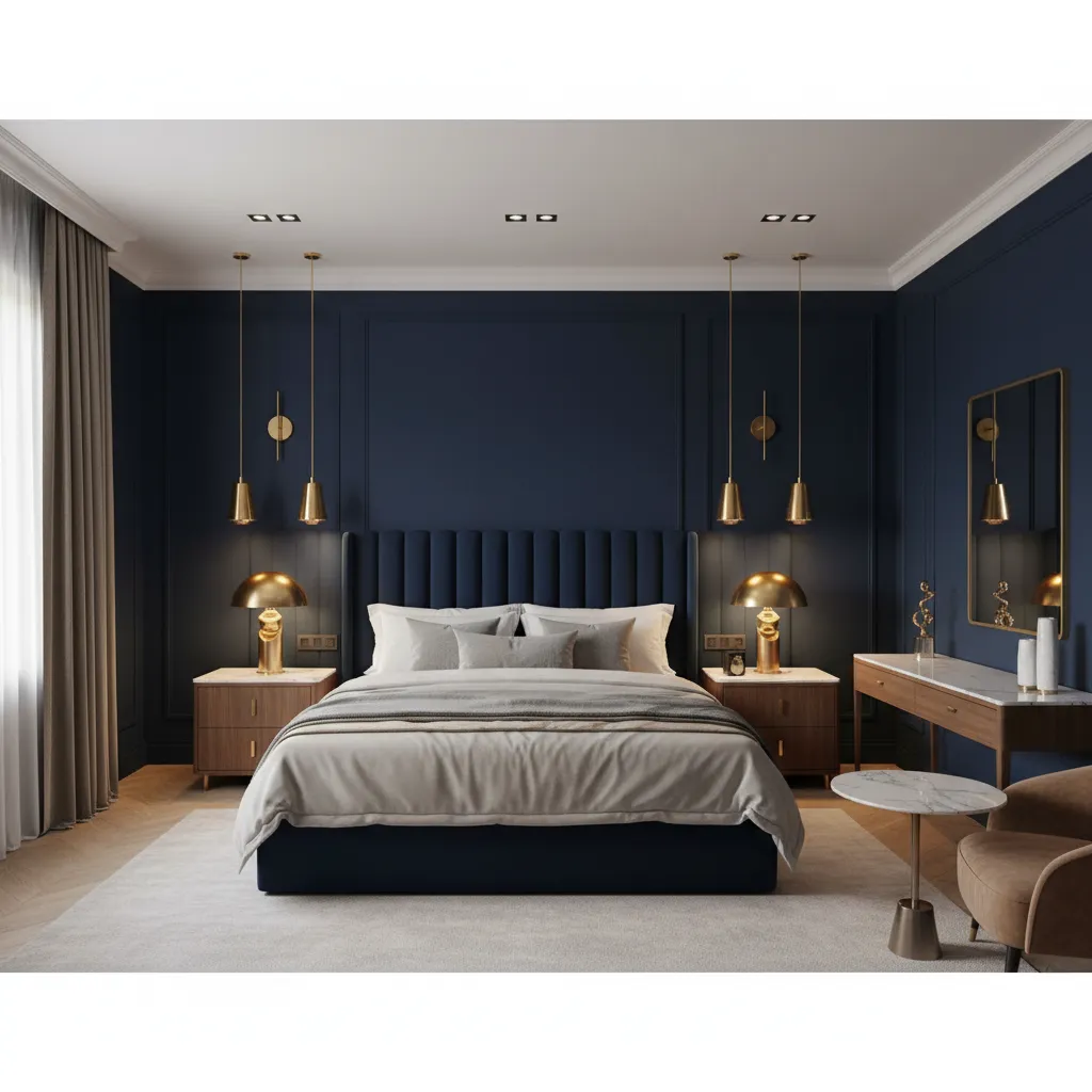 Luxury Hotel Design Inspiration: Navy Blue and Gold Bedrooms