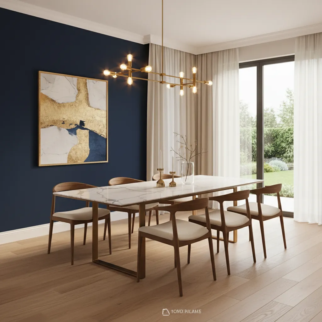 Residential dining room with navy accent wall and gold chandelier