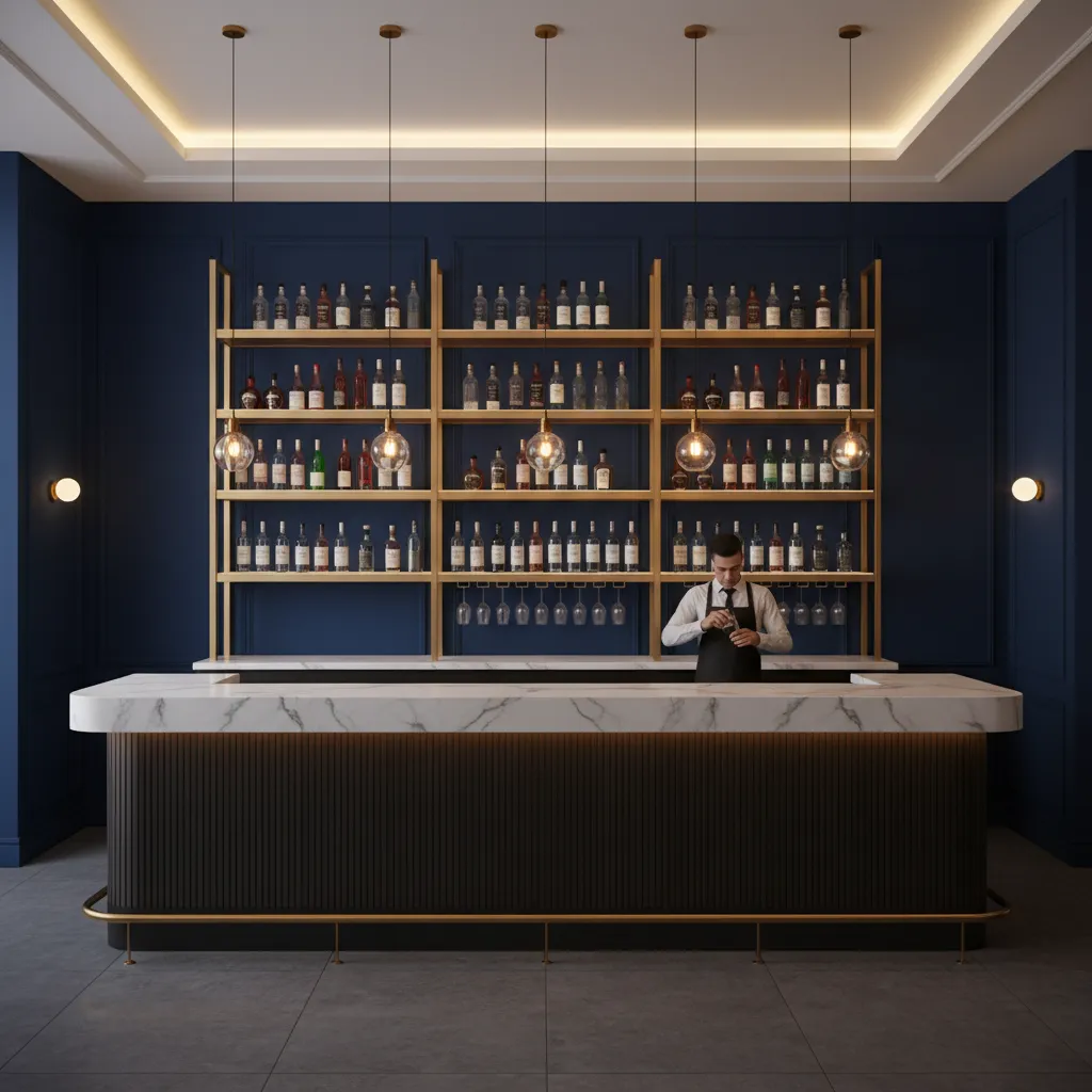 Restaurant bar with navy backdrop and gold shelving